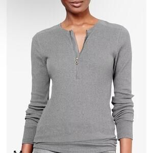 L-Ralph Lauren Sz S Y2K Style Fitted Ribbed Cotton Half-Zip Henley Top Taupe